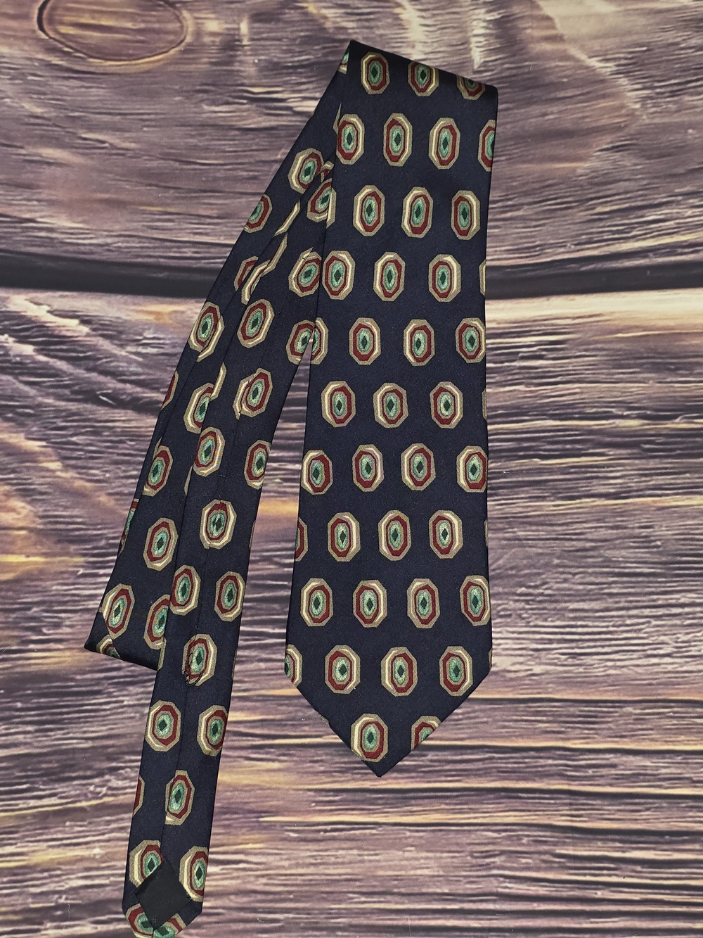 Brooks Brothers Navy Tie with Green and Gold Medallions